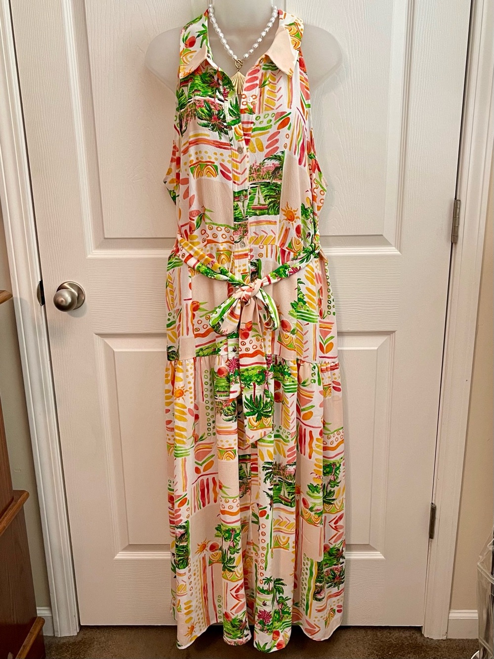 NWT CATO Tropical Print Sleeveless Maxi Dress with Tie Belt